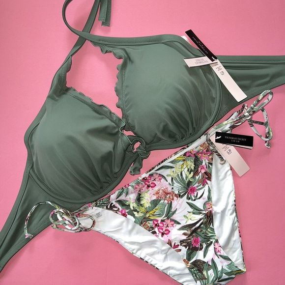 Victoria's Secret 36DD BIKINI M,XXL bottom OLIVE GREEN BLACK pink PALM orchid - Picture 1 of 5